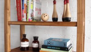 bookcase with books and old medicine bottles