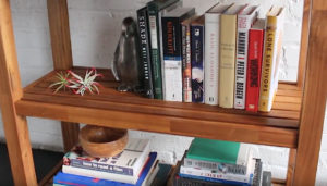 bookcase with books and wooden bowl