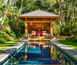 This covered patio is the perfect setting for jungle decor