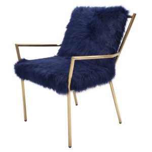 blue fuzzy accent chair with gold frame