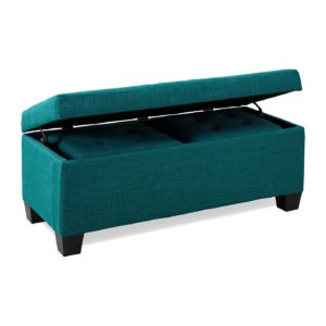 teal storage ottoman on white background