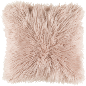 Blush pink shag pillow on white background