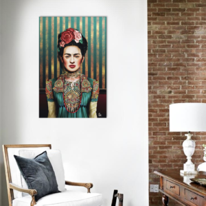 white accent chair below painting of woman