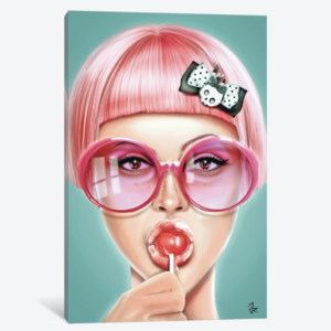 painting of woman sucking lollipop on white background