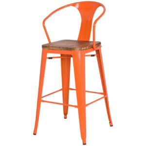 orange metal barstool with wood seat on white background