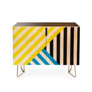 yellow blue and black credenza on white background