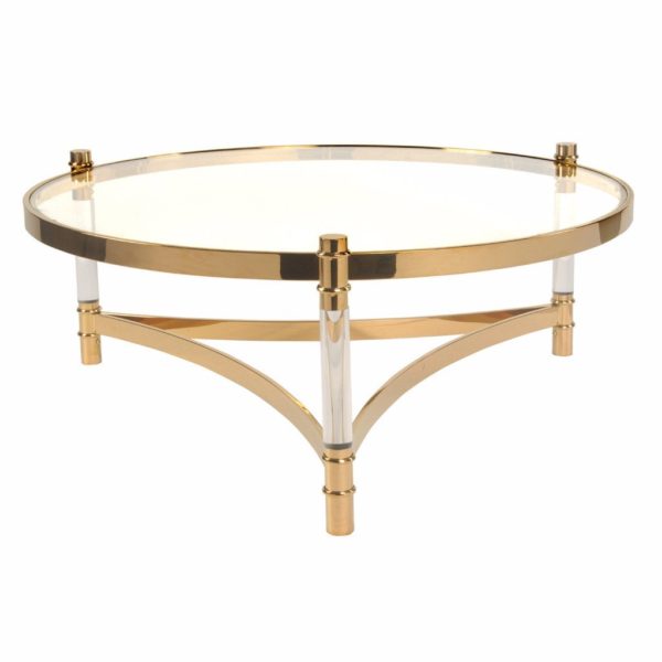 round gold and glass coffee table on white background