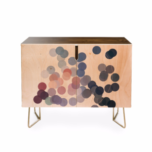 credenza with colored circles on natural wood