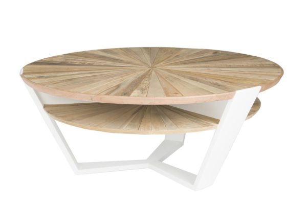 natural wood top round coffee table with white legs