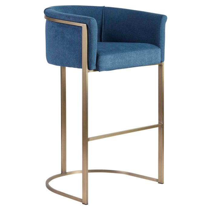 Blue fabric sofa with channel stitching and a wooden base