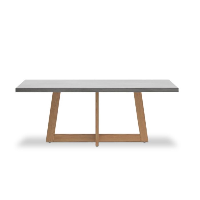 Rectangular table with a grey top and brown wooden base