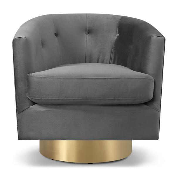 Grey fabric club chair with a gold base