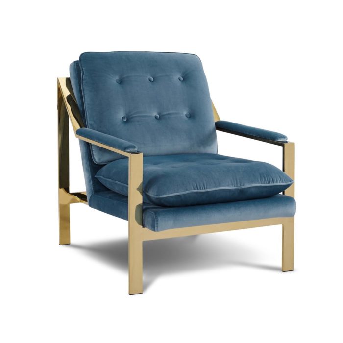 Blue fabric chair with button tufted back and gold arms and legs